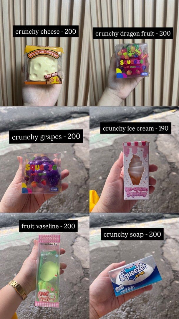 Squishy Toys Collection Multiple Styles Available (Category: Kids Toys) located in Manila. Submitted by gelfaves (Listing ID 1467500871, Image 3). Description: - Variety of cute squishy stress relief toys available - Designs: Starbucks drink, cubes, donuts, tigers, bears, cheese, and crunchy fruits - Perfect for sensory play, fidgeting, or collection - Each piece comes in its individual packaging box - Prices range from ₱100 to ₱400 per design - 
