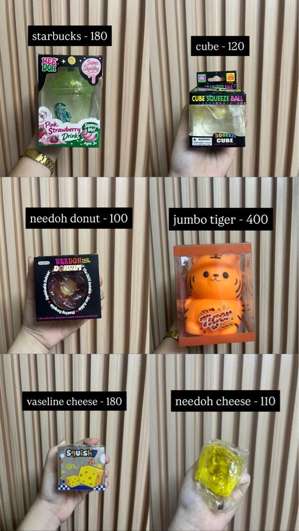 Squishy Toys Collection Multiple Styles Available (Category: Kids Toys) located in Manila. Submitted by gelfaves (Listing ID 1467500871, Image 1). Description: - Variety of cute squishy stress relief toys available - Designs: Starbucks drink, cubes, donuts, tigers, bears, cheese, and crunchy fruits - Perfect for sensory play, fidgeting, or collection - Each piece comes in its individual packaging box - Prices range from ₱100 to ₱400 per design - 