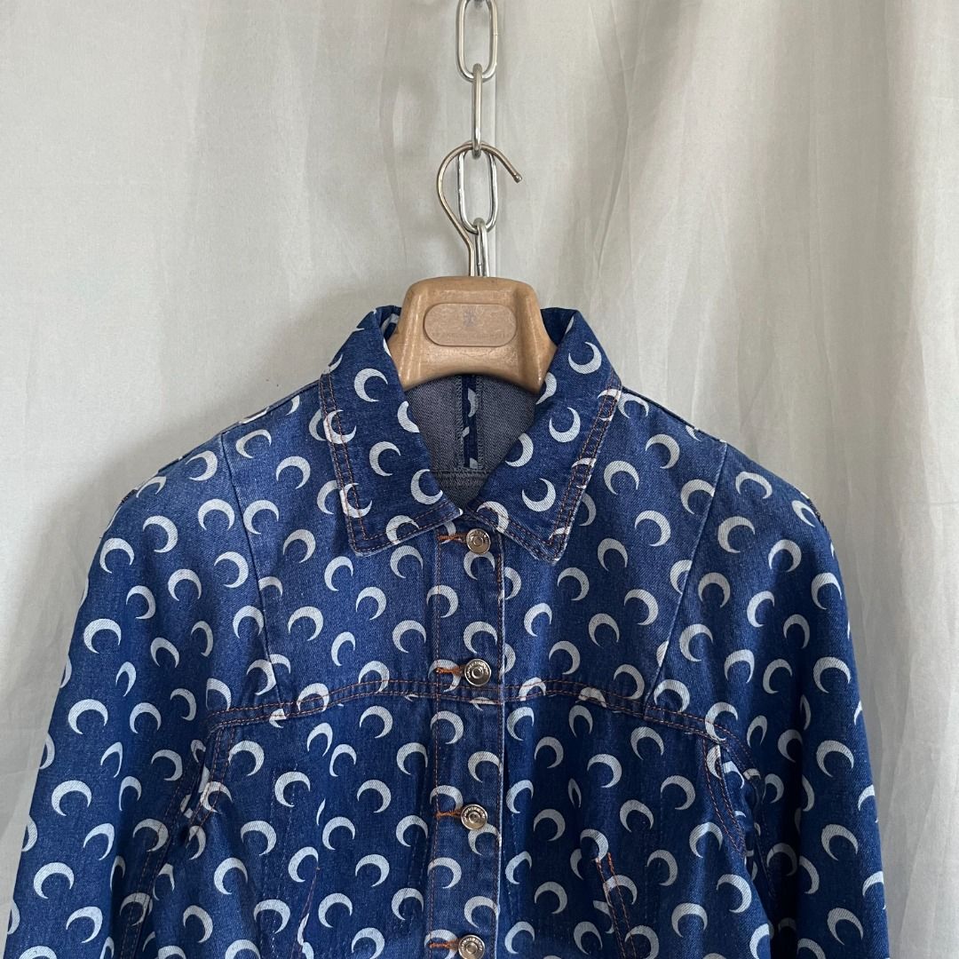 SS19 Marine Serre Crescent Moon Denim Jacket (Category: Coats, Jackets and Outerwear) located in Quezon. Submitted by _babypluto (Listing ID 1467446967, Image 2). Description: Tagged size: large Condition: Very good condition Measurements: Width: 18 inches Length: 23 inches Sleeve: 22 inches Tags: jean paul gaultier y2k .