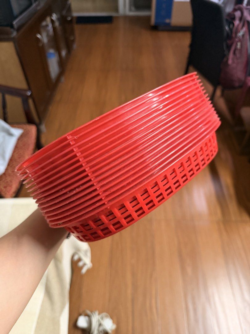 Stackable Oval Red Plastic Baskets Set (Category: Storage Boxes & Baskets) located in Quezon City. Submitted by shop.leilou (Listing ID 1467465426, Image 2). Description: - Color: Red - Shape: Oval with breathable mesh sides - Design: Stackable and space-saving - Ideal for: Kitchen drawers, pantry organization, and storing small household accessories - Quantity: Multiple pieces in one bundle.
