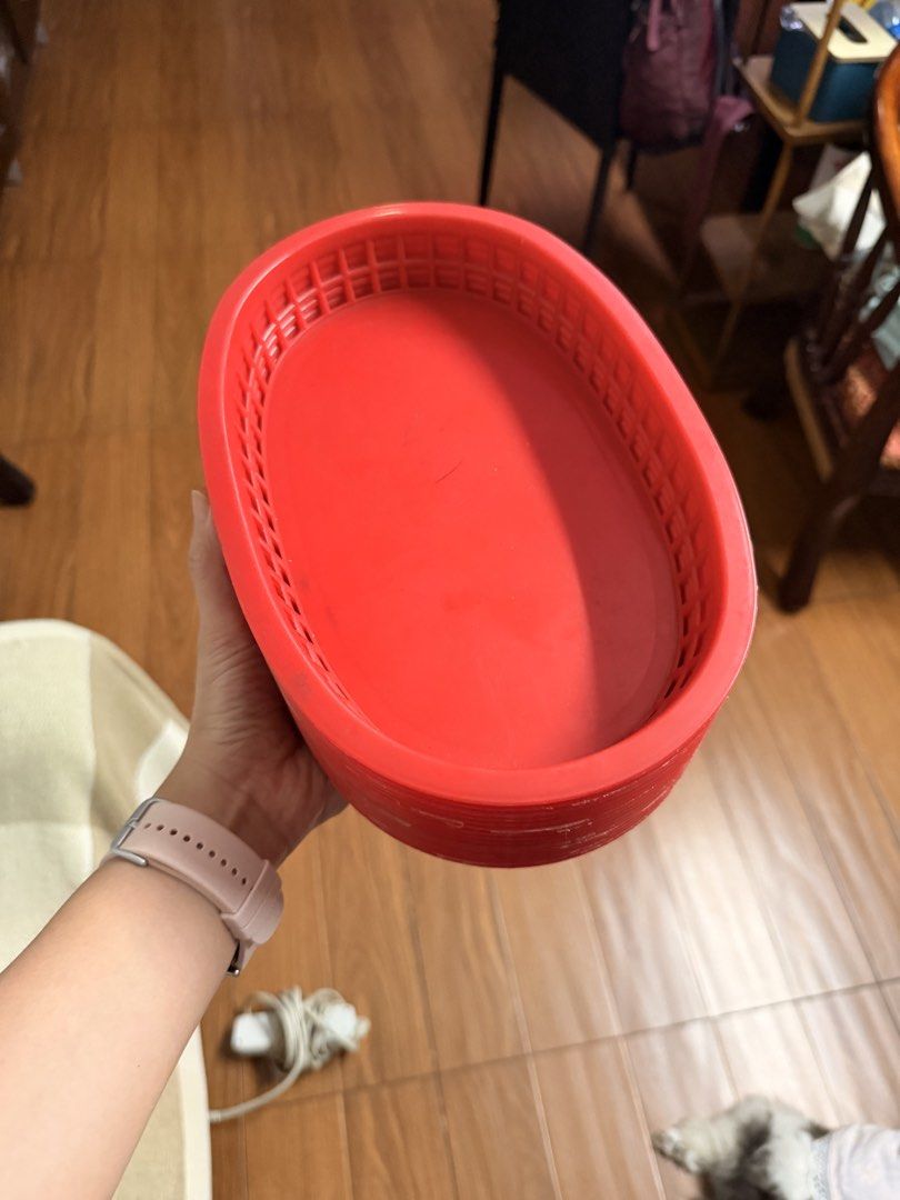Stackable Oval Red Plastic Baskets Set (Category: Storage Boxes & Baskets) located in Quezon City. Submitted by shop.leilou (Listing ID 1467465426, Image 1). Description: - Color: Red - Shape: Oval with breathable mesh sides - Design: Stackable and space-saving - Ideal for: Kitchen drawers, pantry organization, and storing small household accessories - Quantity: Multiple pieces in one bundle.