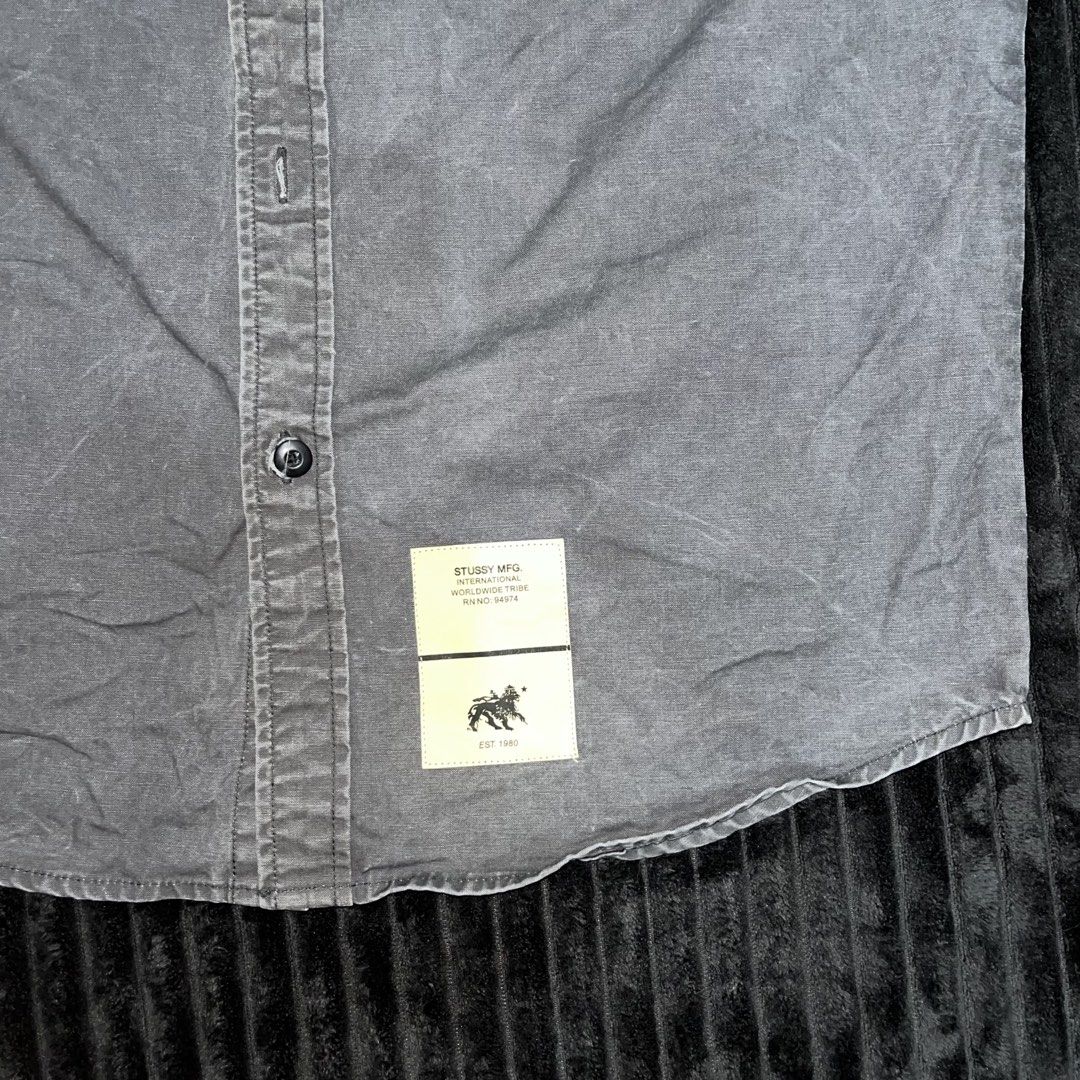 Stussy Grey Short Sleeve Button Up Shirt (Category: Tshirts & Polo Shirts ) located in Puerto Princesa. Submitted by sydneyavouz (Listing ID 1467410131, Image 3). Description: DIMES in inches - L: 29 - W: 21.5 - SLEEVES: 10.