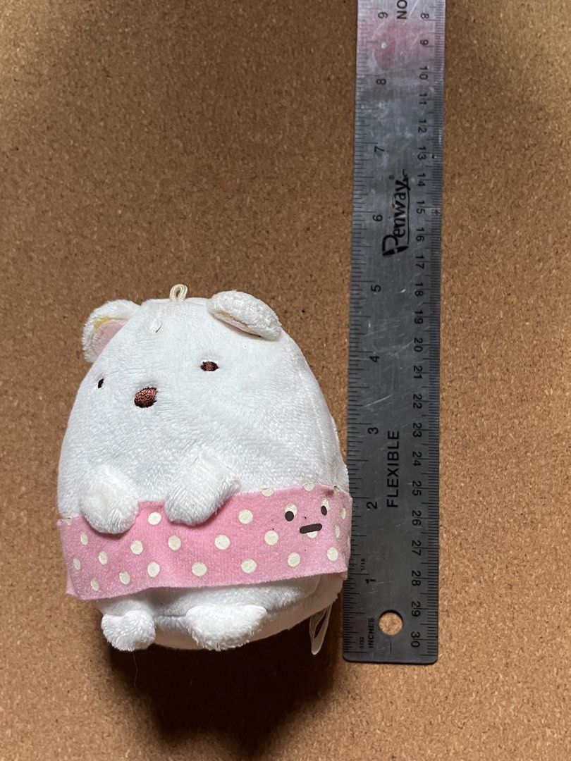 Sumikko Gurashi Shirokuma (Polar Bear) (Category: Plushies & Soft Toys) located in Baguio. Submitted by gaara1234 (Listing ID 1467445509, Image 1). Description: - Character: Shirokuma from Sumikkogurashi - Size: Approx. 5 inches tall - Design: White bear with pink and white polka dot band - Features: Cute brown facial details and top loop for hanging - Condition: Brand new-like and very clean - Perfect for bag charms or collection.
