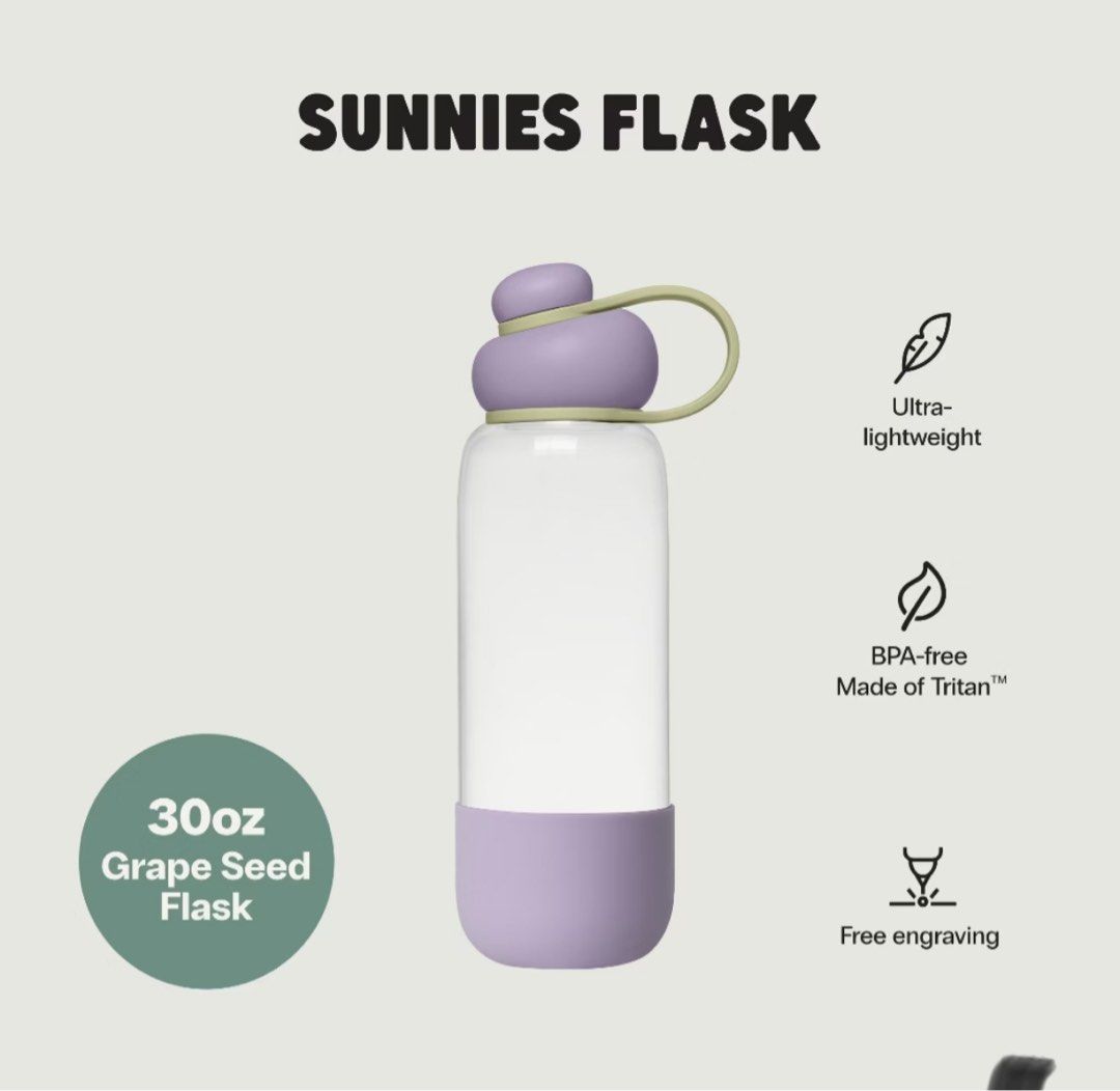 Sunnies Flask Grape Seed 30oz Water Bottle (Category: Water Bottles & Tumblers) located in Manila. Submitted by graceeeeee_ (Listing ID 1467554896, Image 2). Description: - 100% Authentic Sunnies Flask - Colorway: Grape Seed (Purple body sleeve with a unique purple and green cap) - Capacity: 30oz - Material: Ultra-lightweight and durable BPA-free Tritan - Features: Convenient carry loop for easy handling - Ideal for daily hydration, school, work,