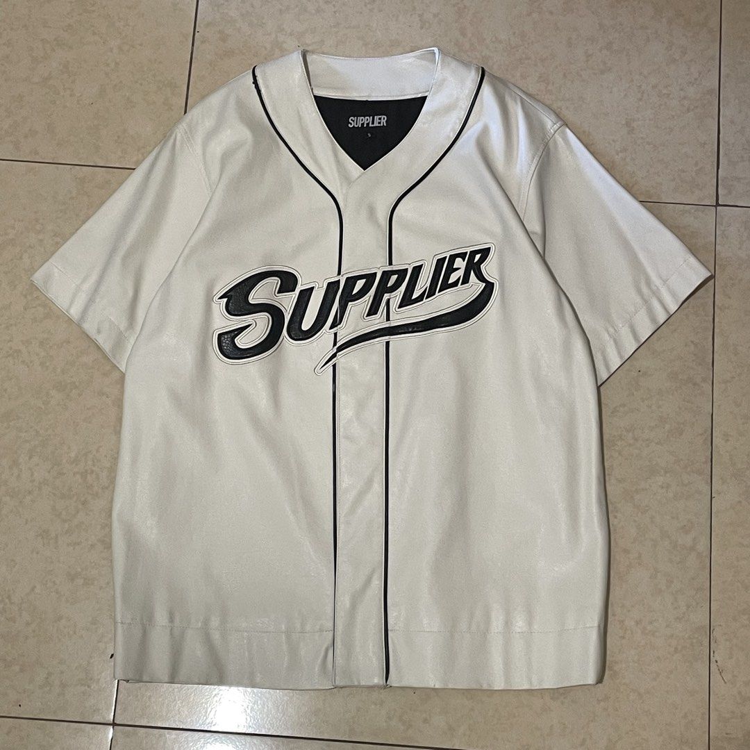 SUPPLIER Leather Baseball Shirt (Category: Vests) located in Pasig City. Submitted by thriftline.ph (Listing ID 1467428743, Image 1). Description: SUPPLIER Leather Baseball Shirt Width : 21 Length : 27 - White ( 9.9/10 Colorate ) ✨ Issue see in the photo - As New Condition Price : 2500 📥.