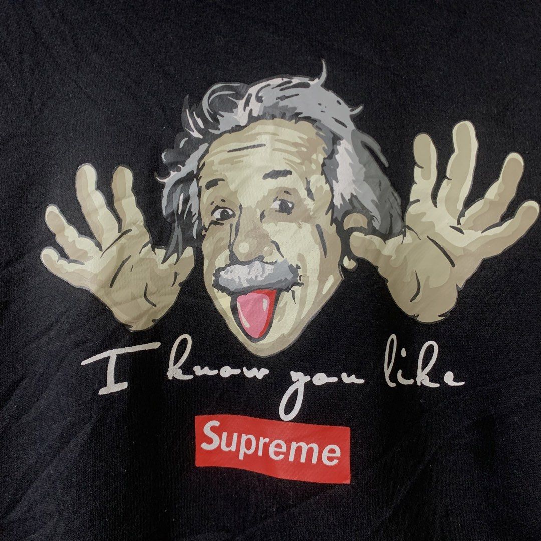 Supreme Albert Einstein Black Graphic Sweatshirt (Category: Coats, Jackets and Outerwear) located in Manila. Submitted by icemike444 (Listing ID 1467523438, Image 3). Description: SUPREME XXL 21x27 Color rate 9.5/10 No issue Excellent condition .