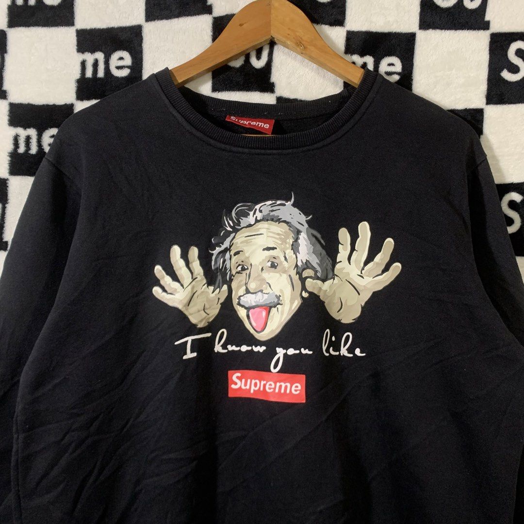 Supreme Albert Einstein Black Graphic Sweatshirt (Category: Coats, Jackets and Outerwear) located in Manila. Submitted by icemike444 (Listing ID 1467523438, Image 2). Description: SUPREME XXL 21x27 Color rate 9.5/10 No issue Excellent condition .