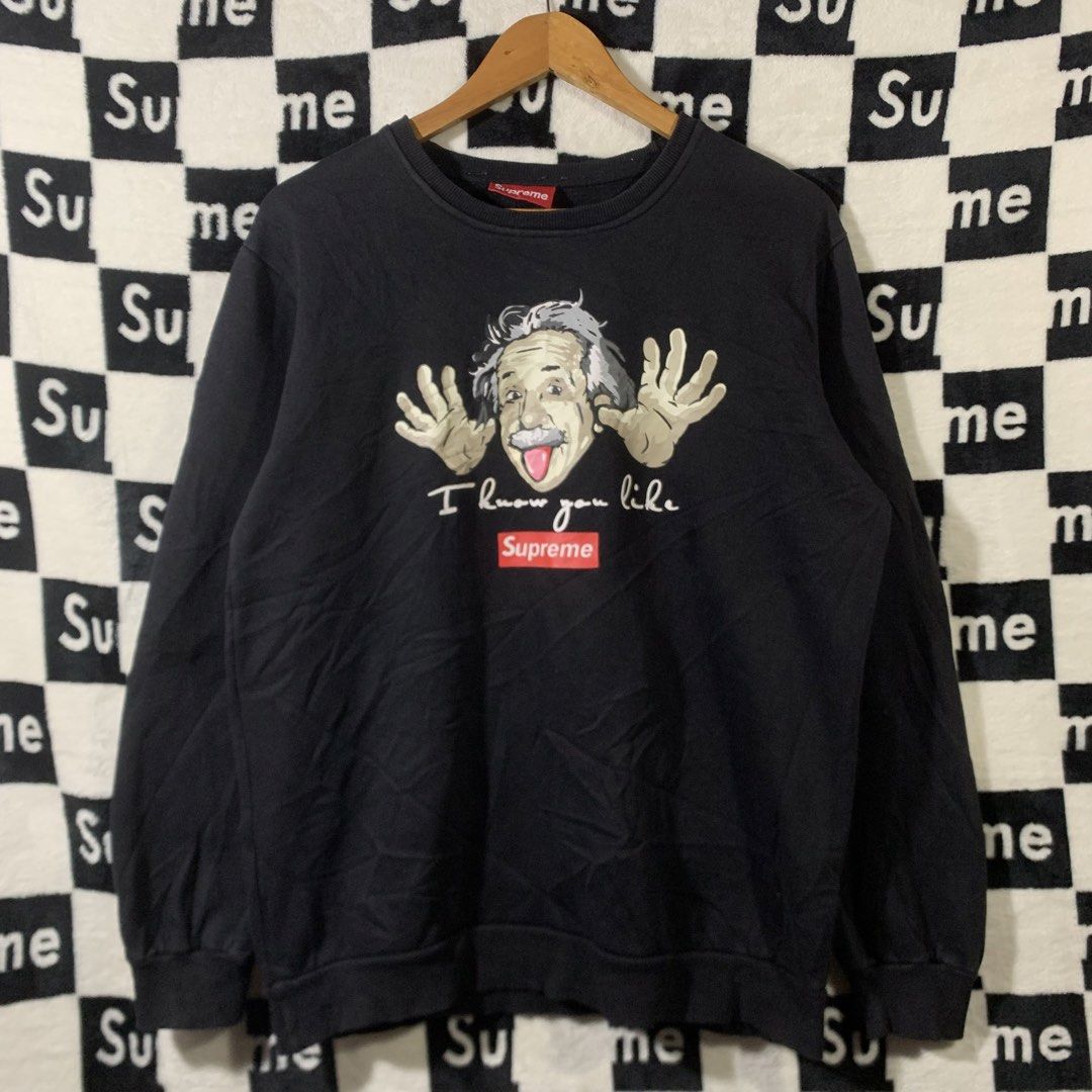 Supreme Albert Einstein Black Graphic Sweatshirt (Category: Coats, Jackets and Outerwear) located in Manila. Submitted by icemike444 (Listing ID 1467523438, Image 1). Description: SUPREME XXL 21x27 Color rate 9.5/10 No issue Excellent condition .