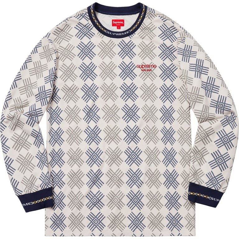 Supreme 18fw Patterned Long Sleeve Tee (Category: Tshirts & Polo Shirts ) located in Manila. Submitted by andy0729 (Listing ID 1467445813, Image 1). Description: Authentic - Brand: Supreme - Style: Long sleeve shirt with dark blue and grey geometric pattern - Color: Cream - Size: Small - Details: Red Supreme box logo at collar, small embroidered Supreme New York text on chest, ribbed neck and cuffs with woven lettering and diamond details - Mater