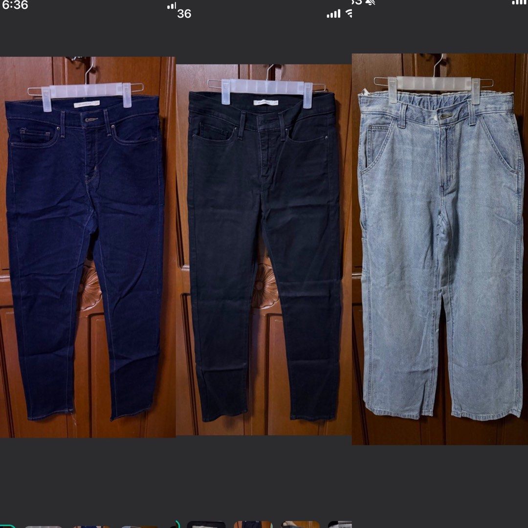 TAKE ALL! Levi's Jeans Bundle (3 Pairs) (Category: Jeans) located in Pasig City. Submitted by aprilluxcloset0812 (Listing ID 1467435377, Image 1). Description: - Bundle of 3 authentic Levi's jeans - Pair 1: Slim style, dark blue, size W29 L30 - Pair 2: Slim style, black, size W29 L30 - Pair 3: Relaxed carpenter style, light wash with elastic waist, size W28 L29 - Clean, well-cared-for, and great for daily wear - Selling as a set only RFS: declutt