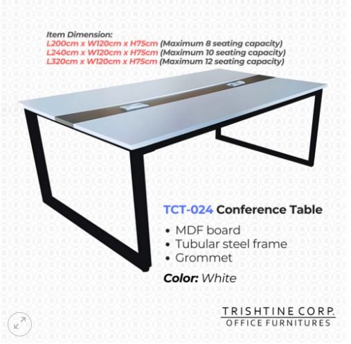 TCT-024 | Conference Table with Grommet (Category: Office Furniture & Fixtures) located in Caloocan City. Submitted by jim.trishtineofficefurnitures (Listing ID 1467441440, Image 1). Description: - Model: Trishtine Corp TCT-024 Conference Table - Surface: Durable white MDF board with built-in grommets for neat cable management - Frame: Sturdy tubular steel legs in a sleek black finish - Dimensions (Standard Width & Height): W120cm x H75cm - Avail