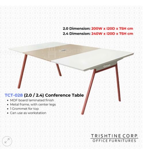 TCT-028 | Conference Table (Category: Office Furniture & Fixtures) located in Caloocan City. Submitted by jim.trishtineofficefurnitures (Listing ID 1467437465, Image 1). Description: - Brand/Model: Trishtine Corp TCT-028 - Versatile Use: Ideal as a conference table or a spacious office workstation - Material: High-quality MDF board top with a smooth laminated finish - Frame: Sturdy metal frame with extra center legs for maximum stability - Cable 