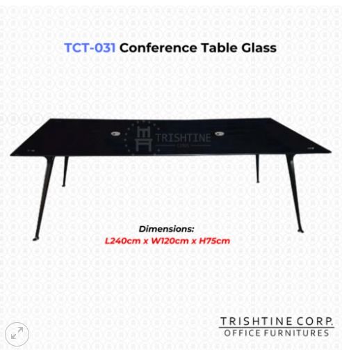 TCT-031 | Conference Table Glass (Category: Office Furniture & Fixtures) located in Caloocan City. Submitted by jim.trishtineofficefurnitures (Listing ID 1467435636, Image 1). Description: - Brand/Model: Trishtine Corp TCT-031 Glass Top Conference Table - Design: Modern style with a sleek black glass surface and sturdy metal legs - Functionality: Built-in cable management access points on the tabletop to keep cords organized - Dimensions: 240cm (