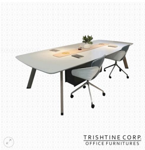 TCT-036 | Sleek Modern Conference Table (Category: Tables & Sets) located in Caloocan City. Submitted by jim.trishtineofficefurnitures (Listing ID 1467434831, Image 1). Description: - Brand/Maker: Trishtine Corp - Design: Modern corporate boardroom aesthetic with clean layout - Table Specs: Light grey top, sturdy dark grey metal legs, and center wooden insert run - Features: Built-in power grommets, includes a center plant and small book for styl