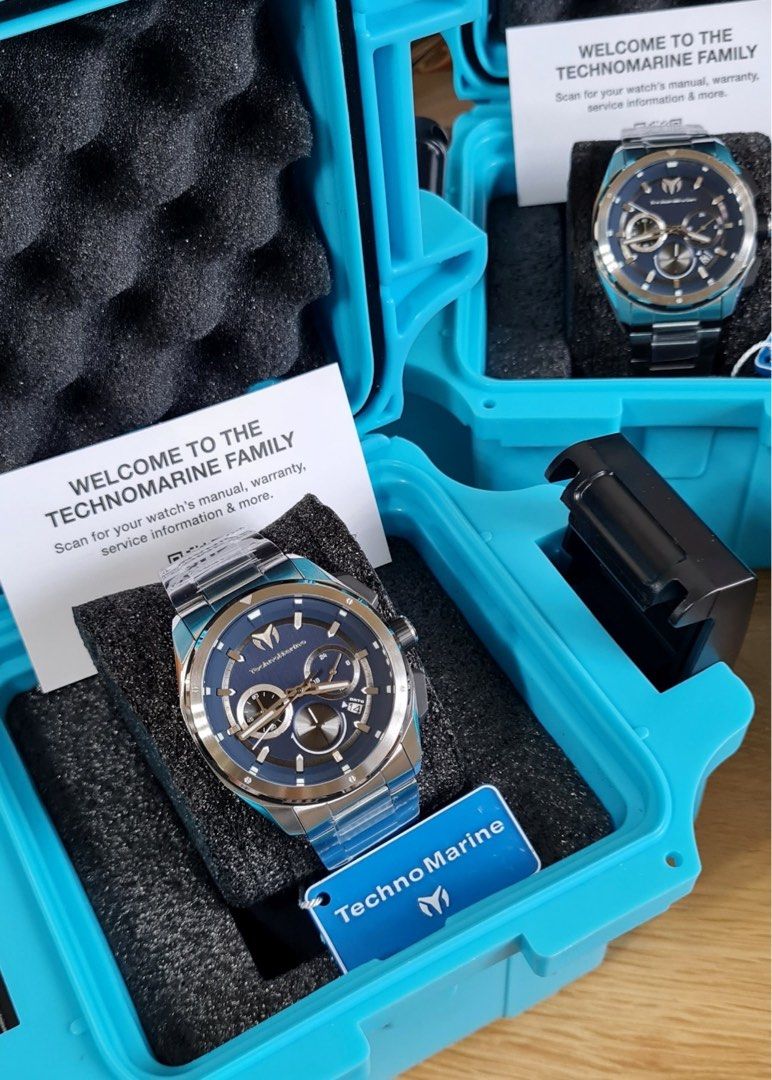 TechnoMarine OCEAN NOMAD (Category: Men's Watches) located in Caloocan City. Submitted by mode.manila (Listing ID 1467373313, Image 3). Description: - Brand: TechnoMarine - 43mm - Condition: Brand new, unworn, still in original packaging - Dial: Striking blue dial with chronograph sub-dials and date window at 4 o'clock - Band: Stainless steel bracelet - Inclusions: Original bright blue waterproof-style carry case and information card - Perfect fo