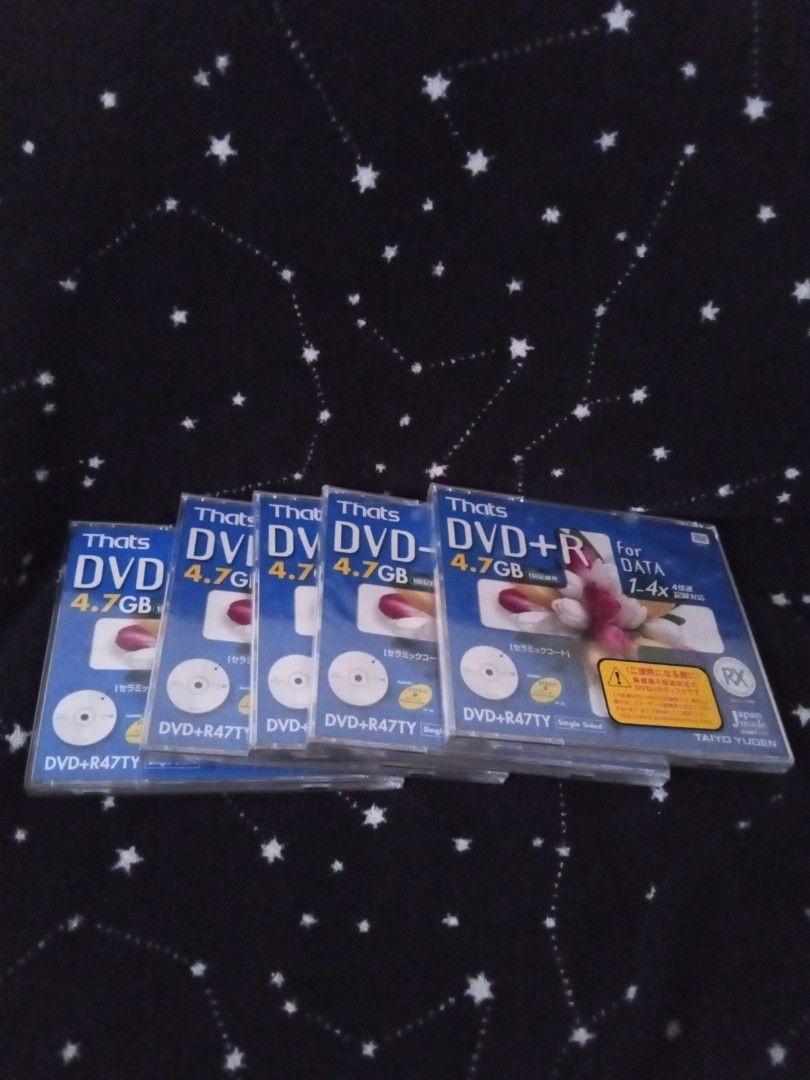 Thats DVD+R 4.7GB Data Discs Taiyo Yuden (Category: CDs & DVDs) located in Manila. Submitted by wonderland0102 (Listing ID 1467364893, Image 1). Description: - Lot of 6 That's blank DVD+R discs - Legendary Taiyo Yuden quality for safe data storage - 4.7GB capacity per disc - 1-4x recording speed - Includes slim jewel cases for protection - Ready for shipping or meetup! -one case is opened and has a crack on its case but the dvd is not damaged.