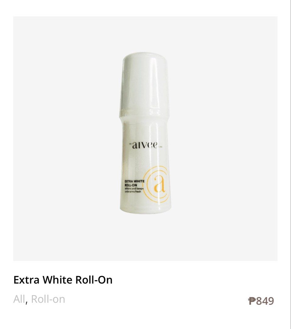 The Ailee Clinic Extra White Roll-On (Category: Face Care) located in Manila. Submitted by monstershaaa (Listing ID 1467550114, Image 1). Description: - 100% Authentic from The Ailee Clinic - Whitens and brightens underarms with regular use - Long-lasting freshness all day long - Convenient roll-on packaging for easy application bought in aivee clinic - ayala mall original and brandnew never been used .