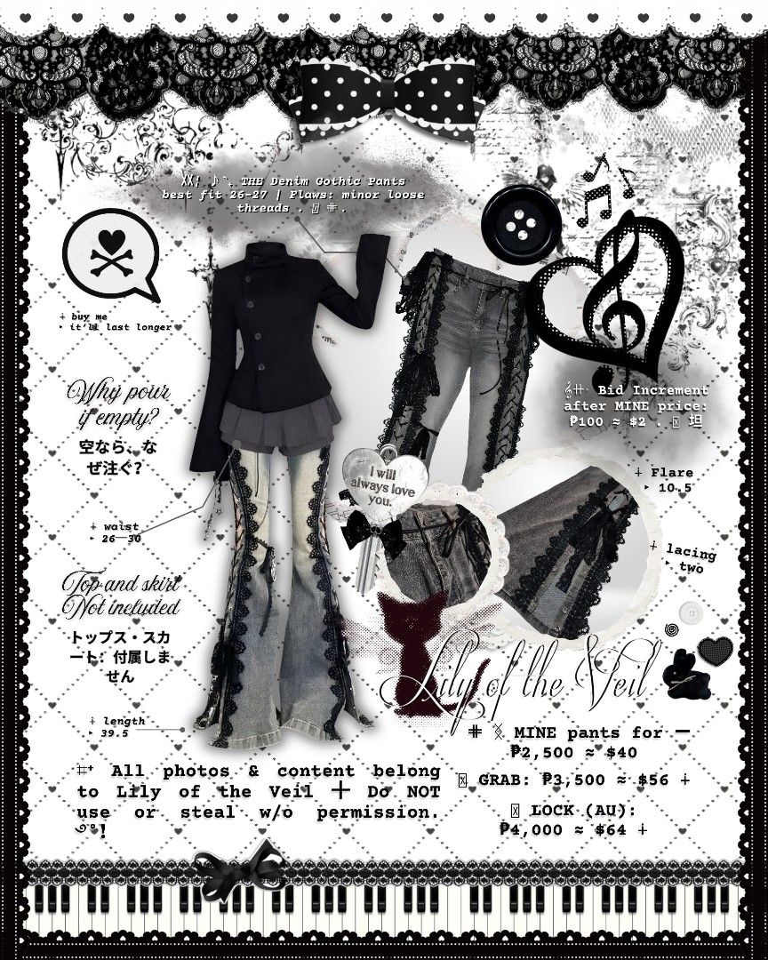 THE GOTHIC DENIM PANTS (Category: Jeans) located in Manila. Submitted by lilyoftheveil (Listing ID 1467456407, Image 1). Description: ⌗⁺ 𝗦𝗧𝗔𝗧𝗨𝗦: 𝖮𝖯𝖤𝖭 ‎࿔˚！ 𖥻𓏵 𝗕𝗜𝗗 𝗣𝗥𝗜𝗖𝗘: ₊ ┼ 𝖬𝖨𝖭𝖤: ₱2,500 ≈ $40 ₊ ┼ 𝖡𝖨𝖣𝖣𝖨𝖭𝖦 𝖨𝖭𝖢𝖱𝖤𝖬𝖤𝖭𝖳: ₱100 ≈ $2 ₊ ┼ 𝖦𝖱𝖠𝖡: ₱3,500 ≈ $56 ₊ ┼ 𝖫𝖮𝖢𝖪 (𝗔𝗨): ₱4,000 ≈ $64 𖥻𓏵 𝗕𝗜𝗗 𝗦𝗧𝗔𝗥𝗧𝗘𝗗: [DATE] • [TIME] 𖥻𓏵 𝗘𝗻𝗱 𝗼𝗳 𝗕𝗶𝗱𝗱𝗶𝗻𝗴: [DATE] • [TIME] 𖥻𓏵 𝗕𝗜𝗗 𝗗𝗨𝗥𝗔𝗧𝗜𝗢𝗡: 3
