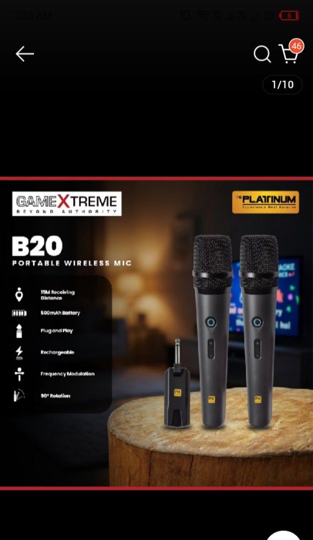 The Platinum B20 Portable Wireless Microphone System (Category: Microphones) located in Manila. Submitted by iccythng0216 (Listing ID 1467602801, Image 2). Description: - Brand: The Platinum - Model: B20-PKPWM200U Dual Wireless Microphones - Range: Up to 15 meters receiving distance - Battery: 500mAh rechargeable battery in each mic - Setup: Easy plug-and-play with frequency modulation - Receiver: Features 90-degree rotation - Inclusions: Dual mi