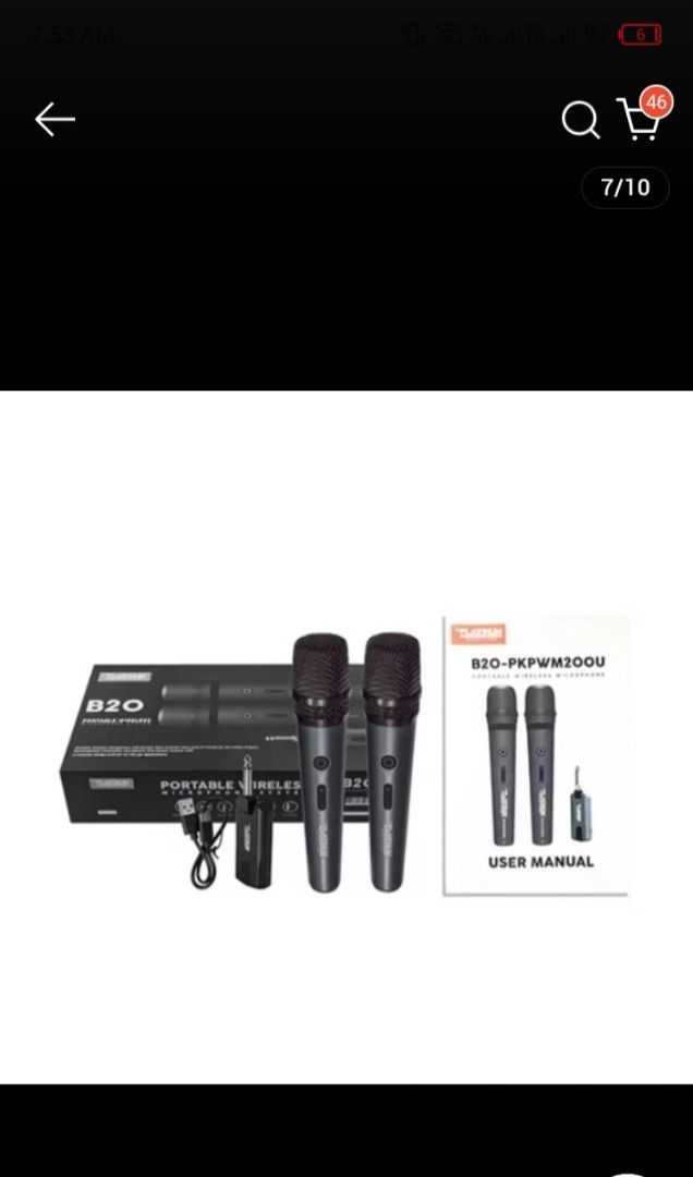 The Platinum B20 Portable Wireless Microphone System (Category: Microphones) located in Manila. Submitted by iccythng0216 (Listing ID 1467602801, Image 1). Description: - Brand: The Platinum - Model: B20-PKPWM200U Dual Wireless Microphones - Range: Up to 15 meters receiving distance - Battery: 500mAh rechargeable battery in each mic - Setup: Easy plug-and-play with frequency modulation - Receiver: Features 90-degree rotation - Inclusions: Dual mi