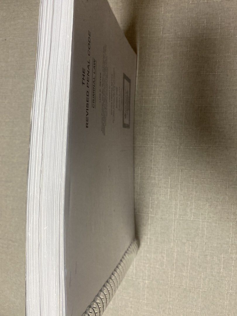 The Revised Penal Code Criminal Law Book One Reyes 2021 (Category: Textbooks) located in Quezon City. Submitted by newfire_9b251b (Listing ID 1467390188, Image 3). Description: Title: The Revised Penal Code Criminal Law Book One Author: Luis B. Reyes Edition/Year: Twentieth Edition, 2021 Condition: Spiral bound with plastic cover protection Ideal for: Law students and bar reviewees 📍 Location: Quezon City 🚚 Delivery: Buyer’s booking & shoulder 