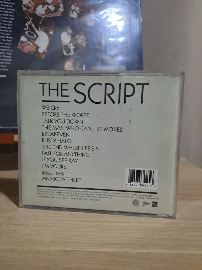 The Script Self-Titled Debut Album CD (Category: CDs & DVDs) located in Las Pinas. Submitted by cobieshop (Listing ID 1467511732, Image 2). Description: - Album: The Script Self-Titled Debut Album (CD) - Hit Tracks: We Cry, The Man Who Can't Be Moved, Breakeven, and more - Condition: Jewel case has minor surface scratches from storage; disc is in great, ready-to-play condition - Perfect for: Pop-rock music fans and physical CD collectors - Mode o