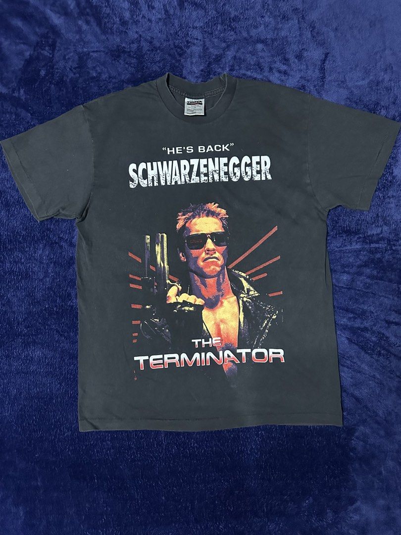 The Terminator t-shirt featuring Arnold Schwarzenegger (Category: Tshirts & Polo Shirts ) located in Quezon City. Submitted by rackculture (Listing ID 1467473116, Image 1). Description: 👕 Size Large 21.5 width 28.5 length 🧵Single Stitch All the Way 🏷️ TULTEX on Tag ₱ 1,500 only 📩 Message us to order.