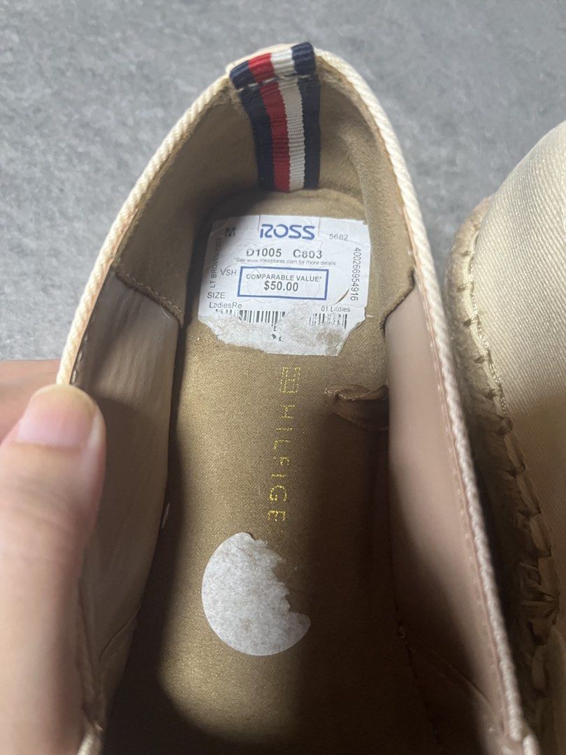 Tommy Hilfiger Cream Canvas Espadrilles (Category: Flats & Sandals) located in Binan City. Submitted by mk0422 (Listing ID 1467372222, Image 3). Description: - Brand: Tommy Hilfiger - Style: Slip-on espadrilles - Color: Cream canvas with gold embroidered TH logo - Details: Original Price $50 Selling Price: 1500 pesos No Box included Approximately 23.5 cm-24 Cm inside sode Approximateley 24-25 cm Outside sole - Condition: Unworn, still with tag pr