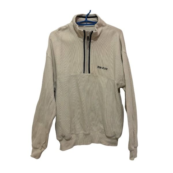 Top-Flite Cream Quarter Zip Sweatshirt (Category: Coats, Jackets and Outerwear) located in San Fernando. Submitted by lovingthings1 (Listing ID 1467473404, Image 1). Description: - Brand/Style: Top-Flite quarter-zip sweatshirt - Color: Cream - Material: 100% premium cotton - Design: All-over ribbed texture with a high collar and zipper closure - Details: Small embroidered script logo on the left chest - Fit: Ribbed cuffs and hem for a snug fit - 