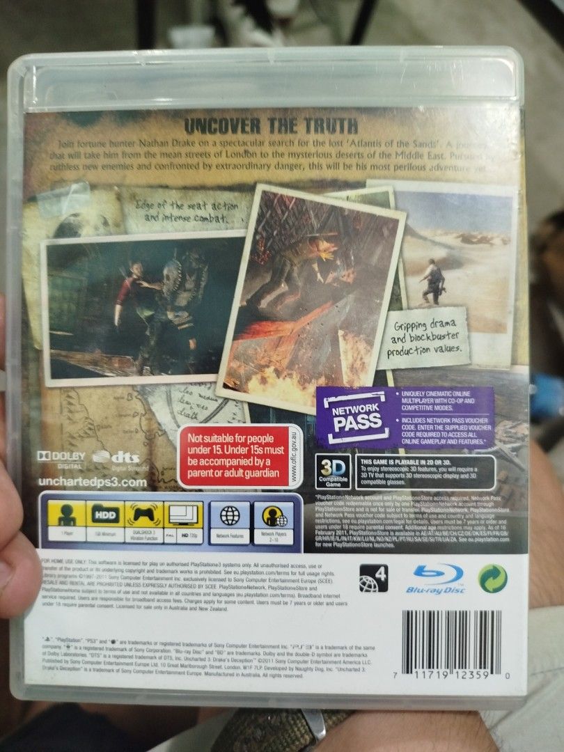 Uncharted 3 Drake's Deception PS3 Game (Category: PlayStation) located in Subic. Submitted by regiedaniel01 (Listing ID 1467506757, Image 2). Description: - Title: Uncharted 3: Drake's Deception - Platform: PlayStation 3 (PS3) - Developer: Naughty Dog - Region: PAL - Rating: MA 15+ - Inclusions: Original case and game disc - Condition: Clean cover artwork and well-maintained disc.