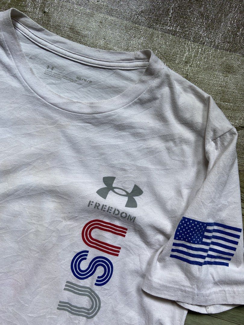Under Armour USA freedom Tee (Category: Tshirts & Polo Shirts ) located in Panabo. Submitted by thrifty.red (Listing ID 1467403349, Image 3). Description: width:19.5 length:28 Need wash yellow stain.