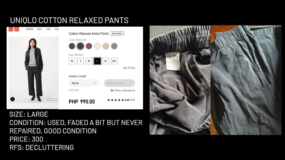 Uniqlo Cotton Relaxed Ankle Pants (Category: Trousers) located in Makati City. Submitted by joy.oriioo (Listing ID 1467388721, Image 1). Description: - Brand: Uniqlo - Item: Cotton relaxed ankle pants - Size: Large - Color: Dark gray/black - Features: Elastic waistband and side pockets - Condition: Pre-owned with slight fading from washing; fabric is still sturdy with no rips, tears, or repairs - RFS: Decluttering .