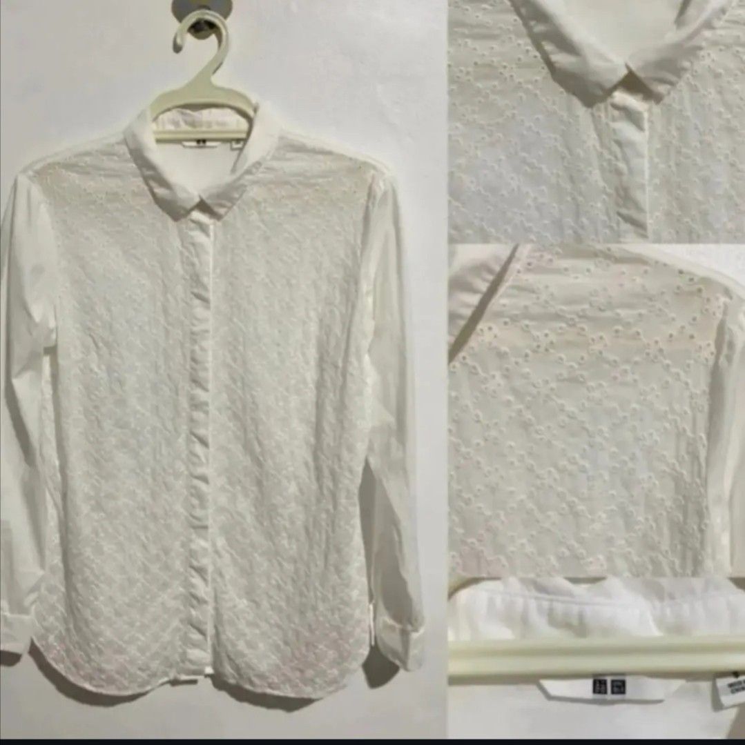 Uniqlo eyelet top (Category: Longsleeves) located in Cavite. Submitted by fashionality (Listing ID 1467389183, Image 1). Description: A timeless closet staple featuring delicate eyelet detail throughout, a crisp collar, lightweight cotton fabric that's super classy and breathable. Perfect for workwear , smart casual looks or Sunday brunch outfit. also you can worn open as a light cardigan cover-up, fits up.to 34B bust.