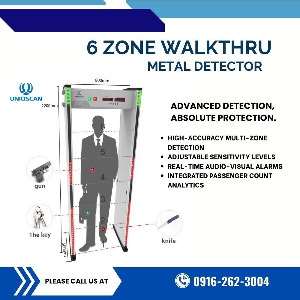 UNIQSCAN 6 Zone Walkthrough Metal Detector (Category: Everything Else Others) located in Manila. Submitted by cyrenejoye (Listing ID 1467378513, Image 1). Description: - Brand: UNIQSCAN - Type: 6-Zone Walk-Through Metal Detector - High-accuracy detection easily spots weapons and metal items - Features adjustable sensitivity and real-time audio & visual alarms - Built-in passenger count analytics for tracking - Dimensions: 800mm (W) x 2200mm (H) -