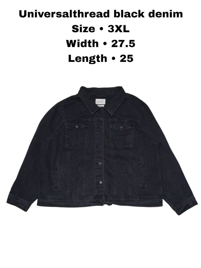 Universal Thread Black Denim Jacket Freeborn Size 3XL (Category: Coats, Jackets and Outerwear) located in Magdalena. Submitted by magdalenathrift20 (Listing ID 1467528736, Image 1). Description: - Brand: Universal Thread (Freeborn Collection) - Size: 3XL (Measures 27.5" W x 25" L) - Color: Solid black wash - Features: Classic button-up front, chest pockets, and side pockets - Material: Sturdy denim, ideal for cooler weather layering.