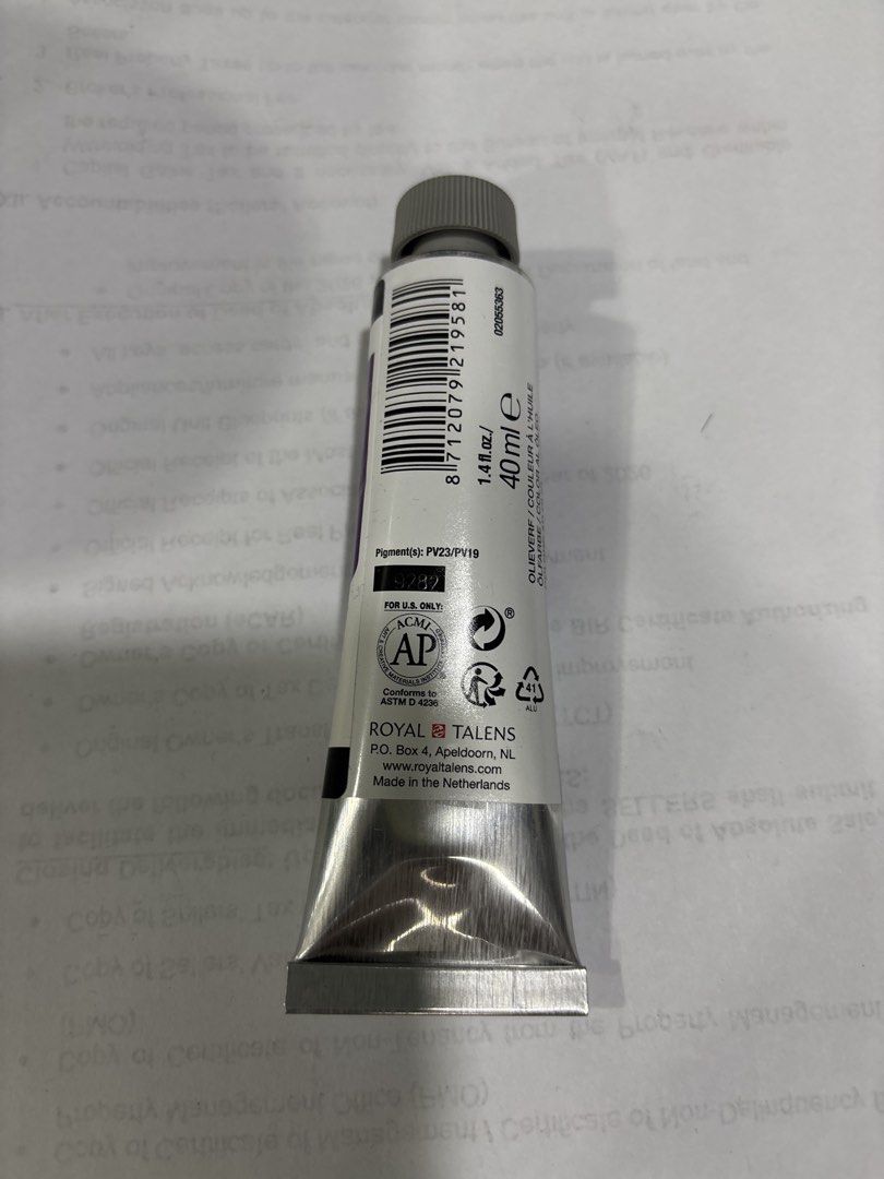 Van Gogh Oil Colour Violet 40ml (Category: Art & Prints) located in Mandaluyong City. Submitted by clothescarousel (Listing ID 1467546211, Image 2). Description: - Brand: Royal Talens Van Gogh - Color: Violet (Series 1, Code 536) - Pigments: PV23 and PV19 - Volume: 40ml / 1.4 fl oz - Condition: Brand new, sealed cap, unused - Origin: Made in the Netherlands.