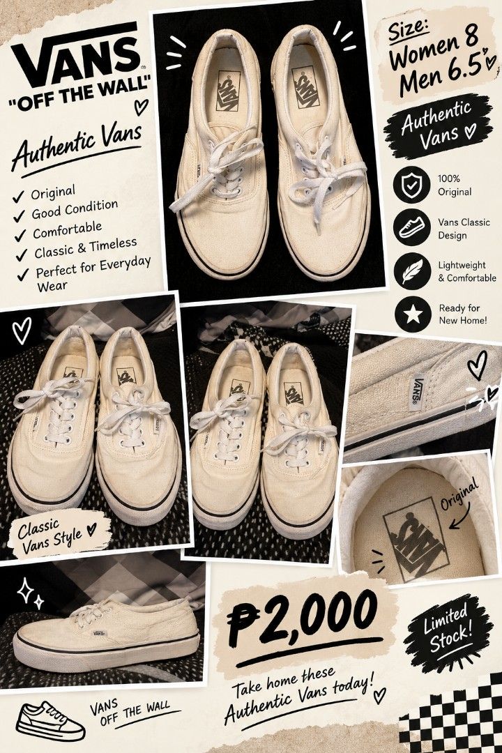 Vans Authentic Off The Wall Sneaker (Category: Sneakers) located in Bulacan. Submitted by msjei_ (Listing ID 1467475124, Image 1). Description: - Brand: Vans - Style: Classic everyday sneakers - Color: White with clean white laces - Size: Women's 8 / Men's 6.5 - Features: Signature 'Off The Wall' heel tag and durable rubber soles .