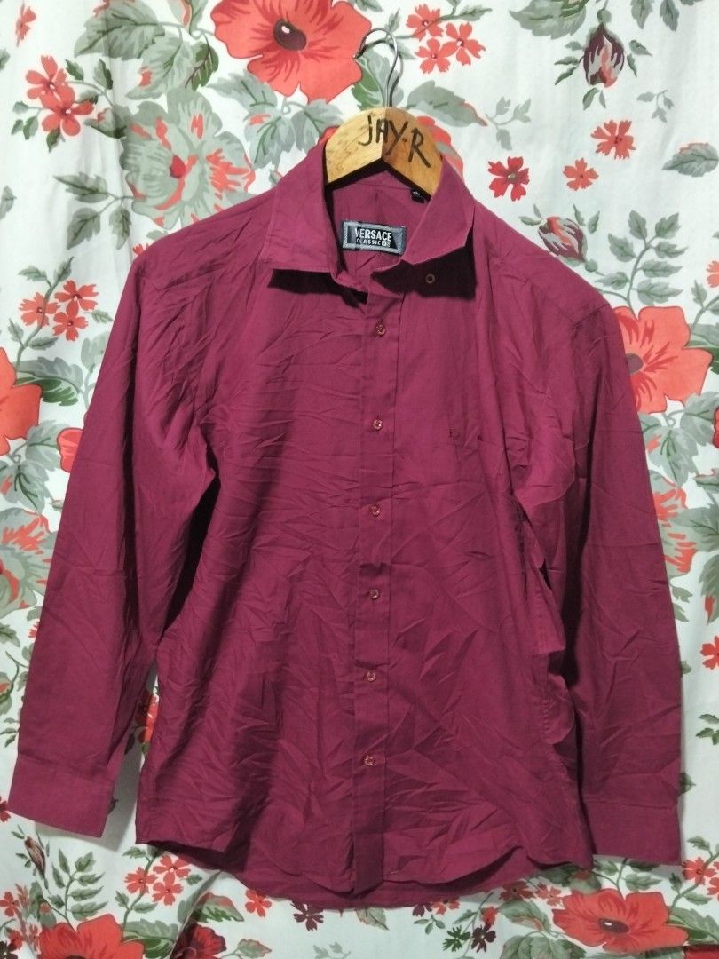 Versace Classic V2 Long Sleeve Button Down Shirt Maroon Size 15 (Category: Formal Shirts) located in Manila. Submitted by brarynpag30556 (Listing ID 1467472367, Image 1). Description: - Brand: Versace Classic V2 - Color: Maroon - Style: Long sleeve button-down shirt - Size: 15 (31-32) - Material: 65% cotton, 35% polyester blend - Details: Signature Versace-lettered branded buttons - Care: Warm wash, warm iron, dry cleanable (no bleach, no tumble 