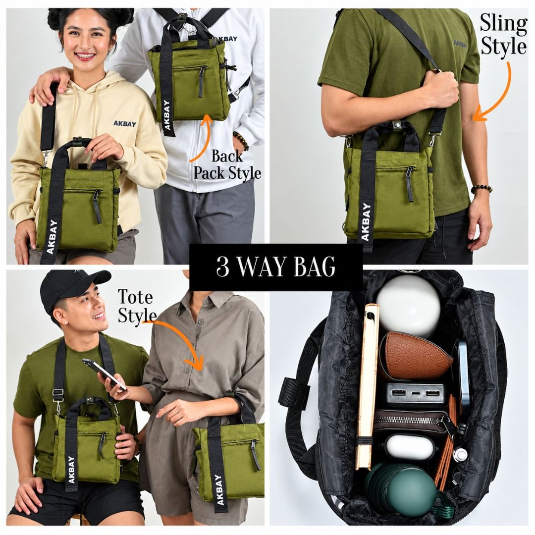 Versatile Olive Green Convertible Tote Bag Backpack (Category: Backpacks) located in Quezon City. Submitted by pyress (Listing ID 1467556472, Image 3). Description: - Color: Versatile olive green neutral earth tone - Material: Sturdy and durable canvas - 3-in-1 Design: Wear as a tote, shoulder bag, or backpack using adjustable straps - Storage: Front zippered pocket and convenient side pockets for easy access - Handles: Sturdy dual grab handles o