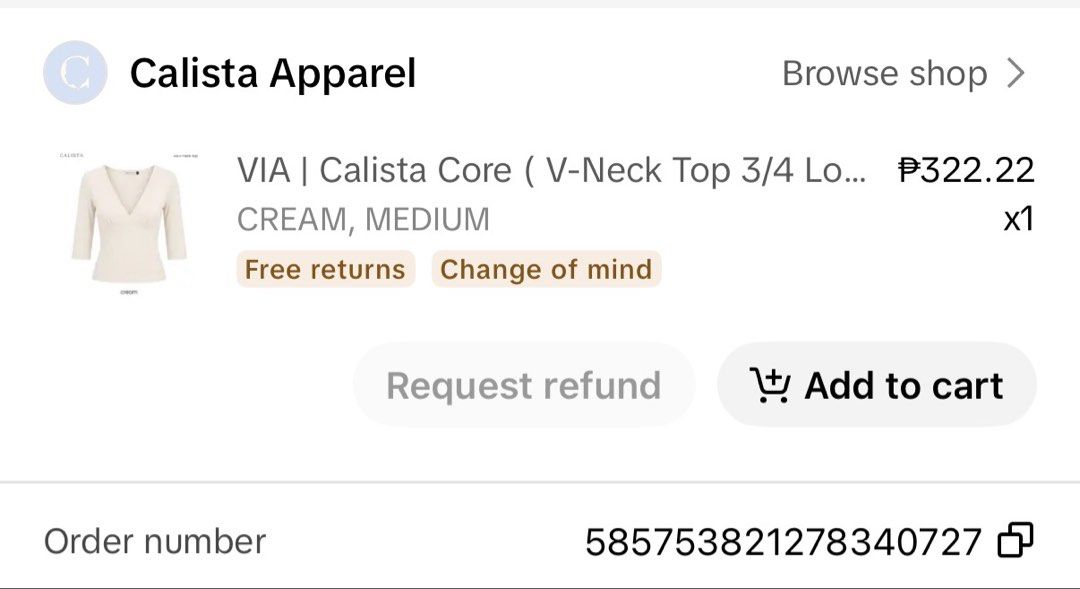 VIA Calista Core V-Neck Top Cream Medium (Category: Blouses) located in Antipolo. Submitted by laikaandrea_ (Listing ID 1467548549, Image 2). Description: - Brand/Model: Calista Core V-neck Top - Color: Cream - Size: Medium - Details: 3/4 length sleeves, flattering gathered bust - Material: Soft and comfortable fabric - Condition: Clean and ready to wear - Source: Ordered directly from Calista Apparel.