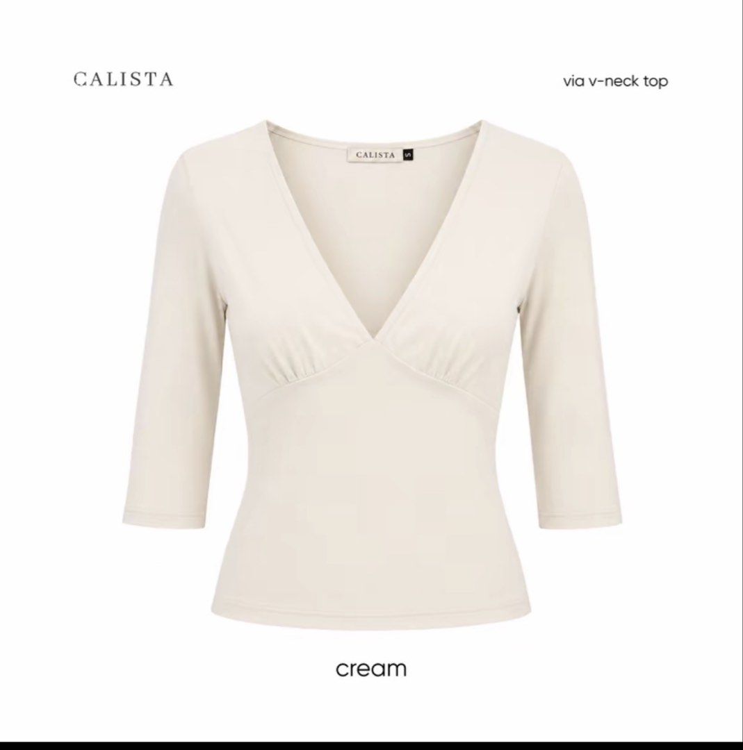 VIA Calista Core V-Neck Top Cream Medium (Category: Blouses) located in Antipolo. Submitted by laikaandrea_ (Listing ID 1467548549, Image 1). Description: - Brand/Model: Calista Core V-neck Top - Color: Cream - Size: Medium - Details: 3/4 length sleeves, flattering gathered bust - Material: Soft and comfortable fabric - Condition: Clean and ready to wear - Source: Ordered directly from Calista Apparel.
