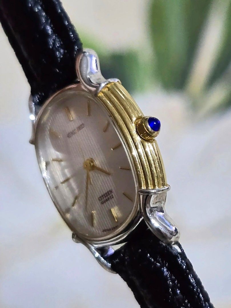 Vintage 1986 Citizen Exceed Quartz (Category: Women's Watches) located in Silang. Submitted by thewornhour (Listing ID 1467405826, Image 3). Description: Vintage 1986 Citizen Exceed Quartz – Gold Pinstripe Bezel & Sapphire Crown (Ref. 2930-294734) ✔ All original watch head ✔ Strap: Aftermarket leather strap ✔ Case: 16.2mm including crown ✔ Movement: High-Accuracy Citizen 2930 Quartz ✔ Design: Oval case framed by a beautifully detailed, gold-pinst