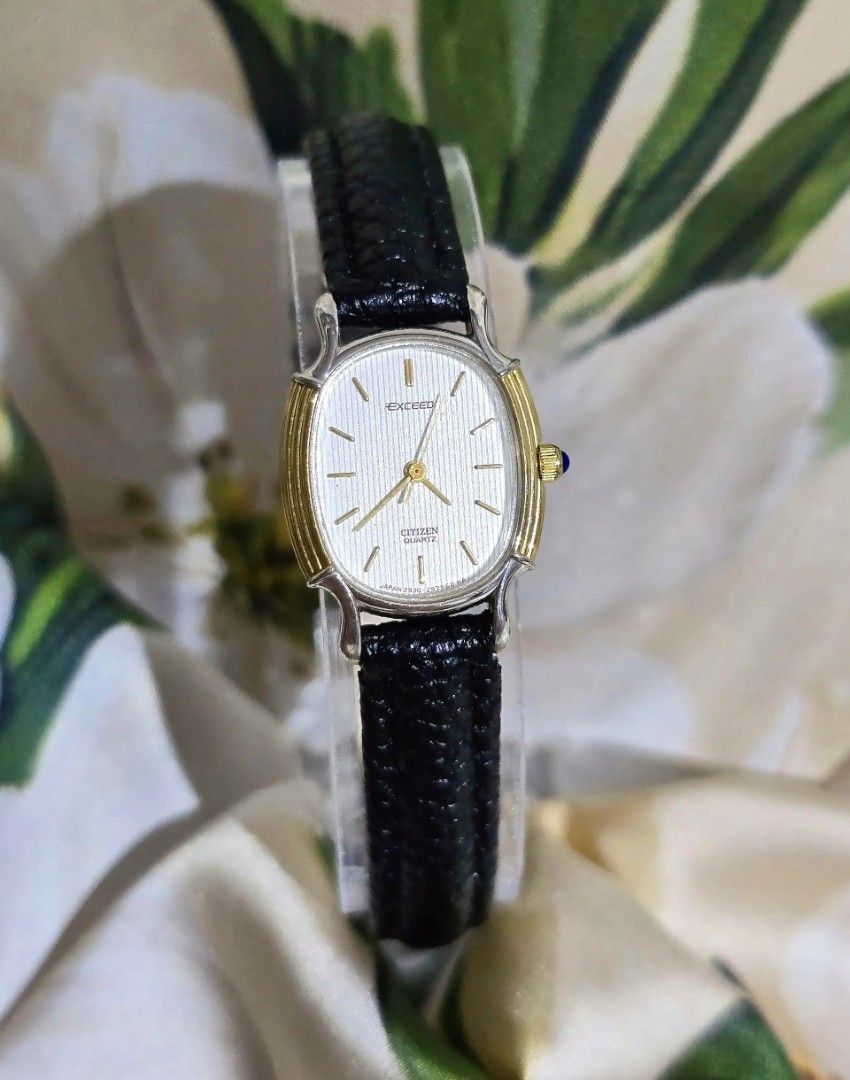 Vintage 1986 Citizen Exceed Quartz (Category: Women's Watches) located in Silang. Submitted by thewornhour (Listing ID 1467405826, Image 2). Description: Vintage 1986 Citizen Exceed Quartz – Gold Pinstripe Bezel & Sapphire Crown (Ref. 2930-294734) ✔ All original watch head ✔ Strap: Aftermarket leather strap ✔ Case: 16.2mm including crown ✔ Movement: High-Accuracy Citizen 2930 Quartz ✔ Design: Oval case framed by a beautifully detailed, gold-pinst