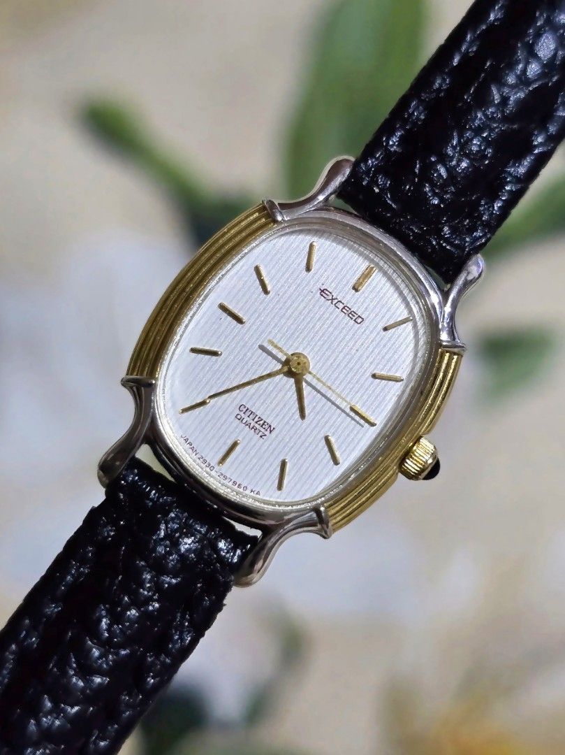 Vintage 1986 Citizen Exceed Quartz (Category: Women's Watches) located in Silang. Submitted by thewornhour (Listing ID 1467405826, Image 1). Description: Vintage 1986 Citizen Exceed Quartz – Gold Pinstripe Bezel & Sapphire Crown (Ref. 2930-294734) ✔ All original watch head ✔ Strap: Aftermarket leather strap ✔ Case: 16.2mm including crown ✔ Movement: High-Accuracy Citizen 2930 Quartz ✔ Design: Oval case framed by a beautifully detailed, gold-pinst
