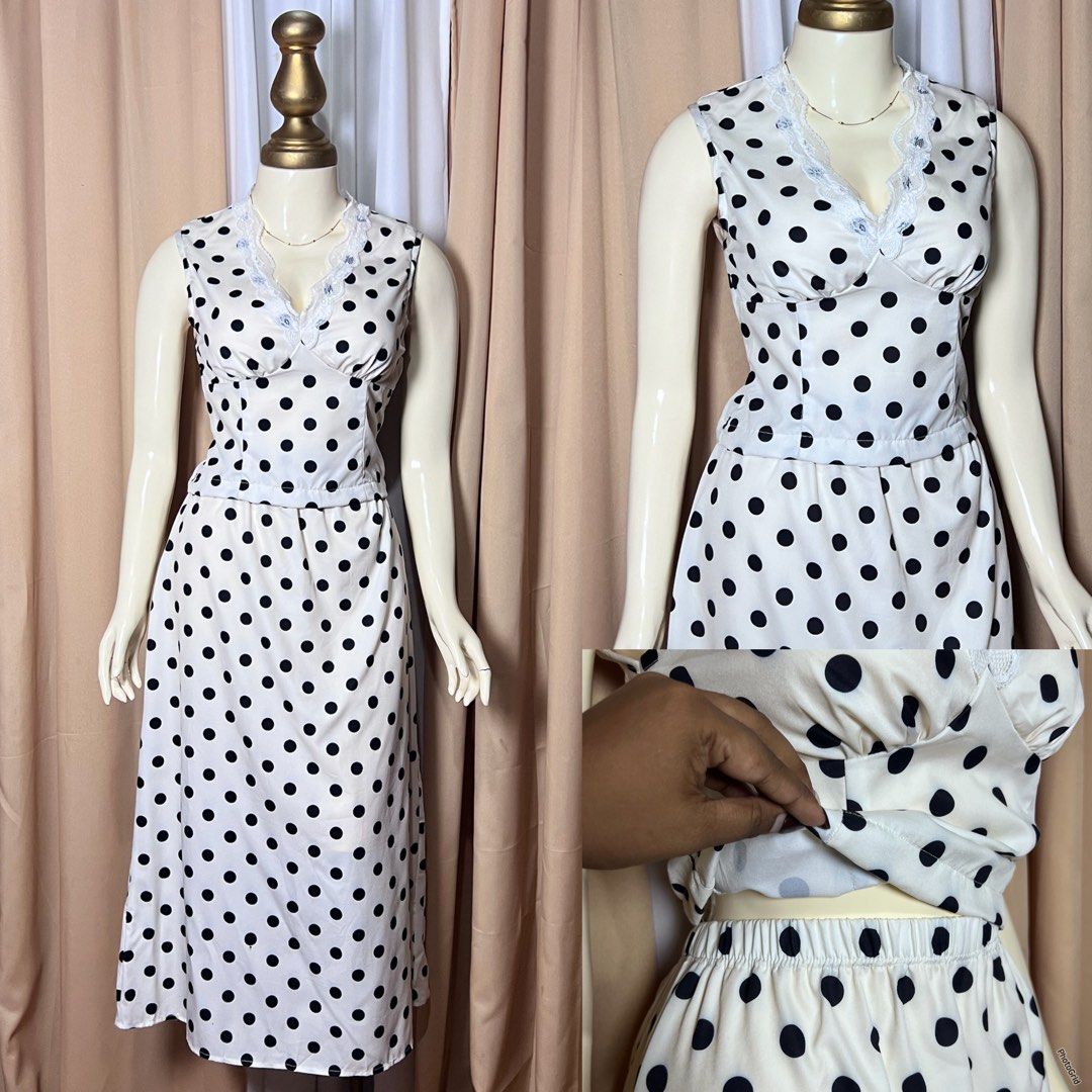 Vintage Black and White Polka Dot Two Piece Set (Category: Sets or Coordinates) located in Kidapawan. Submitted by frizzyjayne (Listing ID 1467443408, Image 1). Description: - Set includes: Sleeveless top and matching midi skirt - Pattern: Classic black and white polka dot print - Top details: V-neckline with delicate white lace trim - Skirt details: Comfortable stretchy elastic waistband, easy pull-on style - Fabric: Lightweight and breathable f