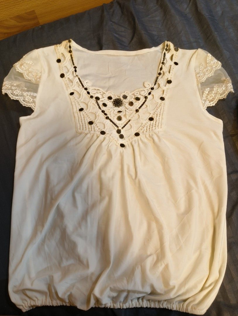Vintage Crochet & Beaded Trim Off-White Blouse (Category: Blouses) located in Manila. Submitted by soapy_r (Listing ID 1467479613, Image 2). Description: item is thrifted & preloved, manage expectations must be fully paid before i ship out your order SIZE XS-MED.