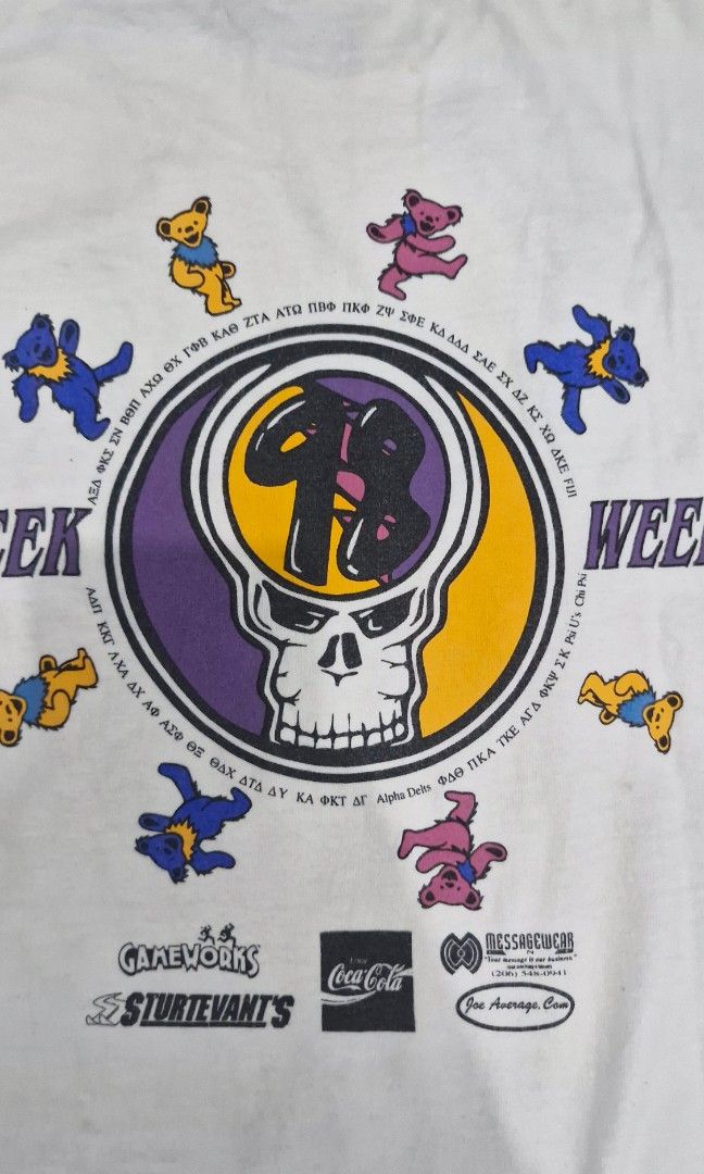 Vintage grateful dead greek week 1998 (Category: Tshirts & Polo Shirts ) located in Pili. Submitted by the_g_thrift (Listing ID 1467491489, Image 3). Description: size xl on tag dimes: 23.5 x 30.5 need wash minimal stain 1-2-2 befy neck.