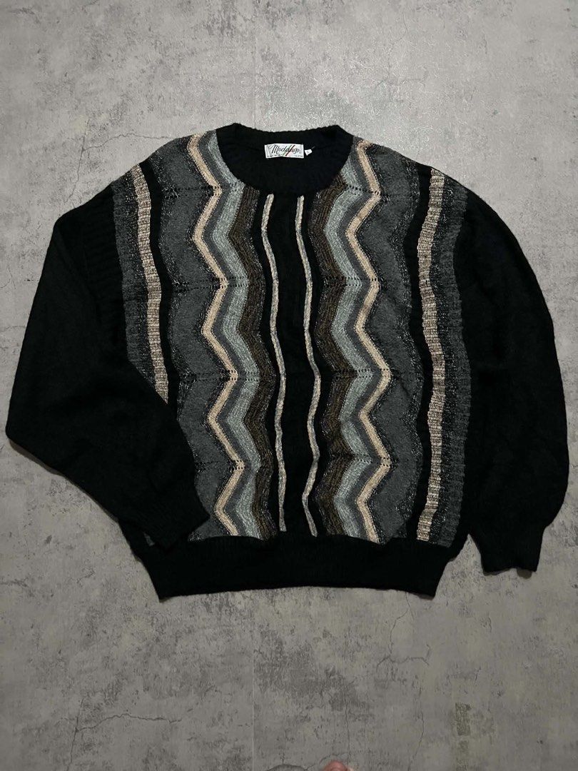 Vintage Modango Made In Italy Zigzag Pattern Knit Sweater Size L (Category: Coats, Jackets and Outerwear) located in Batangas. Submitted by yuellll (Listing ID 1467540422, Image 2). Description: MODANGO 3d knit sweater 🚨Please check all details before commenting. 📌 ITEM DETAILS (boxy fit) Width:27 Length:27 Color Rate:10/10 Condition:10/10 Issue: N/A - Brand: Modango (Made in Italy) - Size: Large - Design: Black base with grey, blue, and brown 