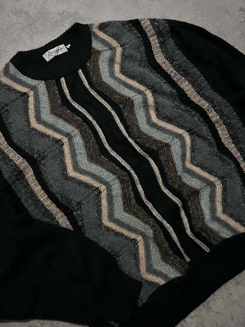 Vintage Modango Made In Italy Zigzag Pattern Knit Sweater Size L (Category: Coats, Jackets and Outerwear) located in Batangas. Submitted by yuellll (Listing ID 1467540422, Image 1). Description: MODANGO 3d knit sweater 🚨Please check all details before commenting. 📌 ITEM DETAILS (boxy fit) Width:27 Length:27 Color Rate:10/10 Condition:10/10 Issue: N/A - Brand: Modango (Made in Italy) - Size: Large - Design: Black base with grey, blue, and brown 