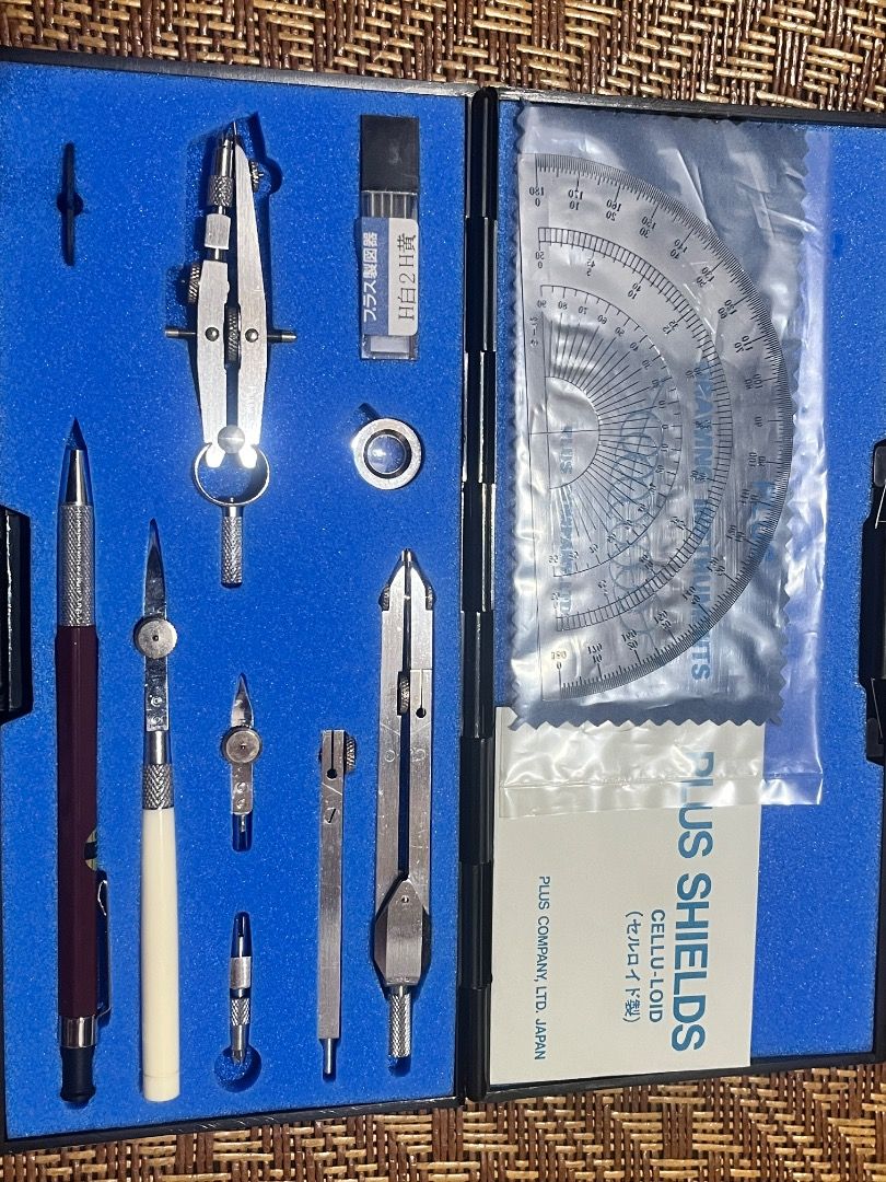 Vintage PLUS Japan Precision Technical Drafting Set (Unused/Complete Set) (Category: Other Stationery & Craft) located in Caloocan City. Submitted by elle.23 (Listing ID 1467456376, Image 1). Description: Authentic vintage PLUS Precision Drafting Set made in Japan. (NO BOX) ₱1000 (STILL NEGOTIABLE) Condition: Unused / Mint condition tools. Includes: Original hard case, precision compasses, extensions, divider, ruling pen attachments, original PLU